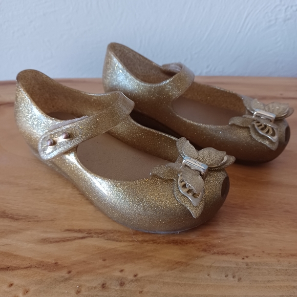 Mini Melissa Gold Glitter Butterfly Mary Janes Size 9 - Picture 10 of 11